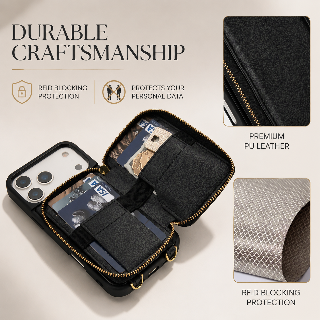 Premium iPhone Case Crossbody Wallet Leather Flip Cover RFID Card Holder Zipper Storage Shoulder Strap Shockproof Protective Full Coverage Design