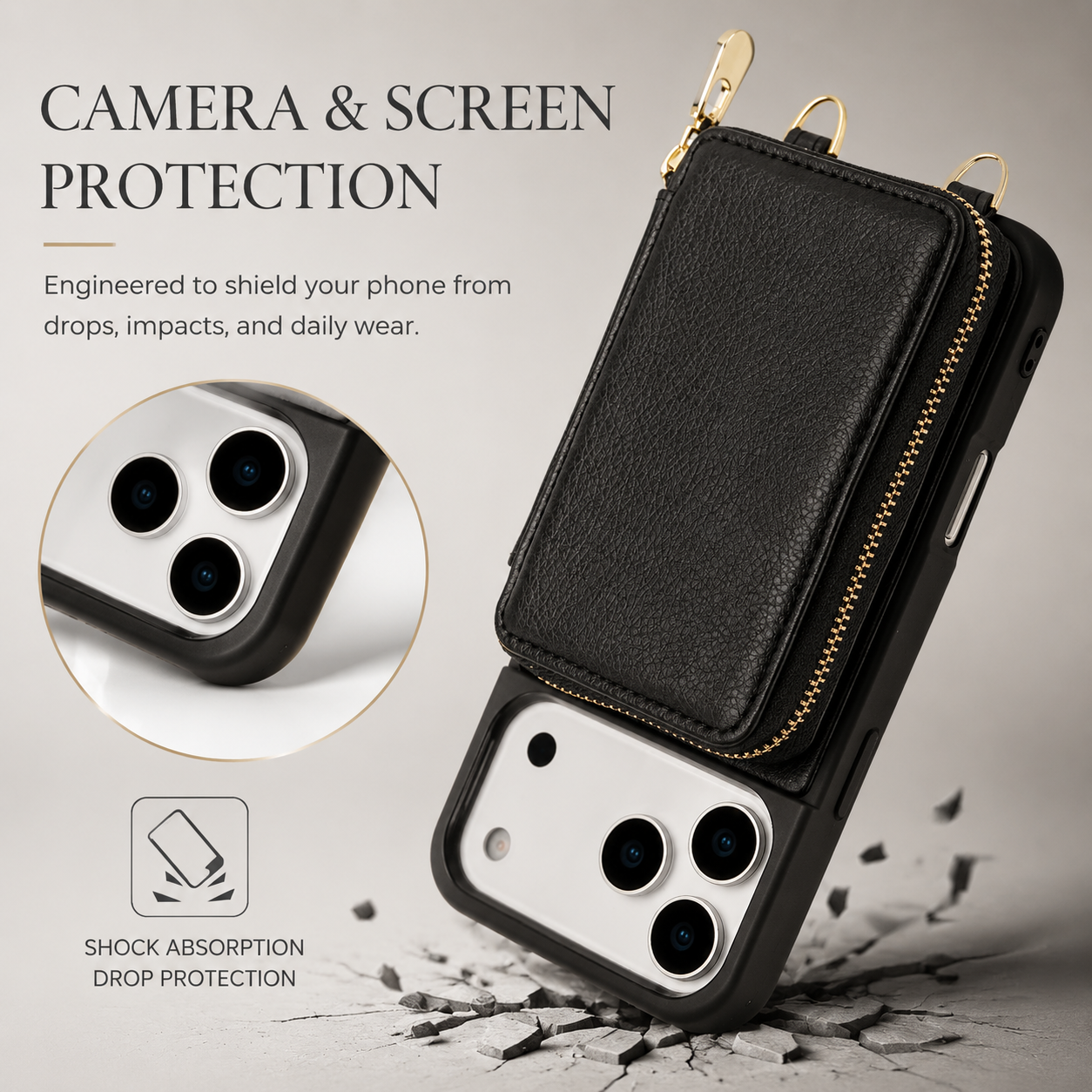 Premium iPhone Case Crossbody Wallet Leather Flip Cover RFID Card Holder Zipper Storage Shoulder Strap Shockproof Protective Full Coverage Design