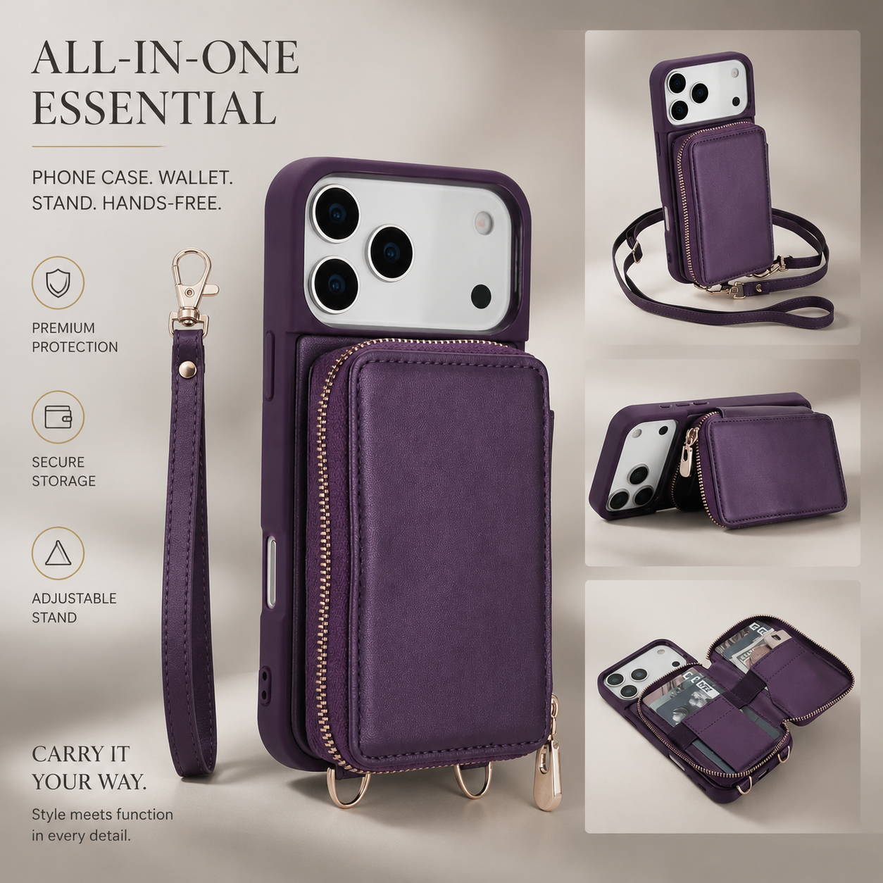 Premium iPhone Case Crossbody Wallet Leather Flip Cover RFID Card Holder Zipper Storage Shoulder Strap Shockproof Protective Full Coverage Design