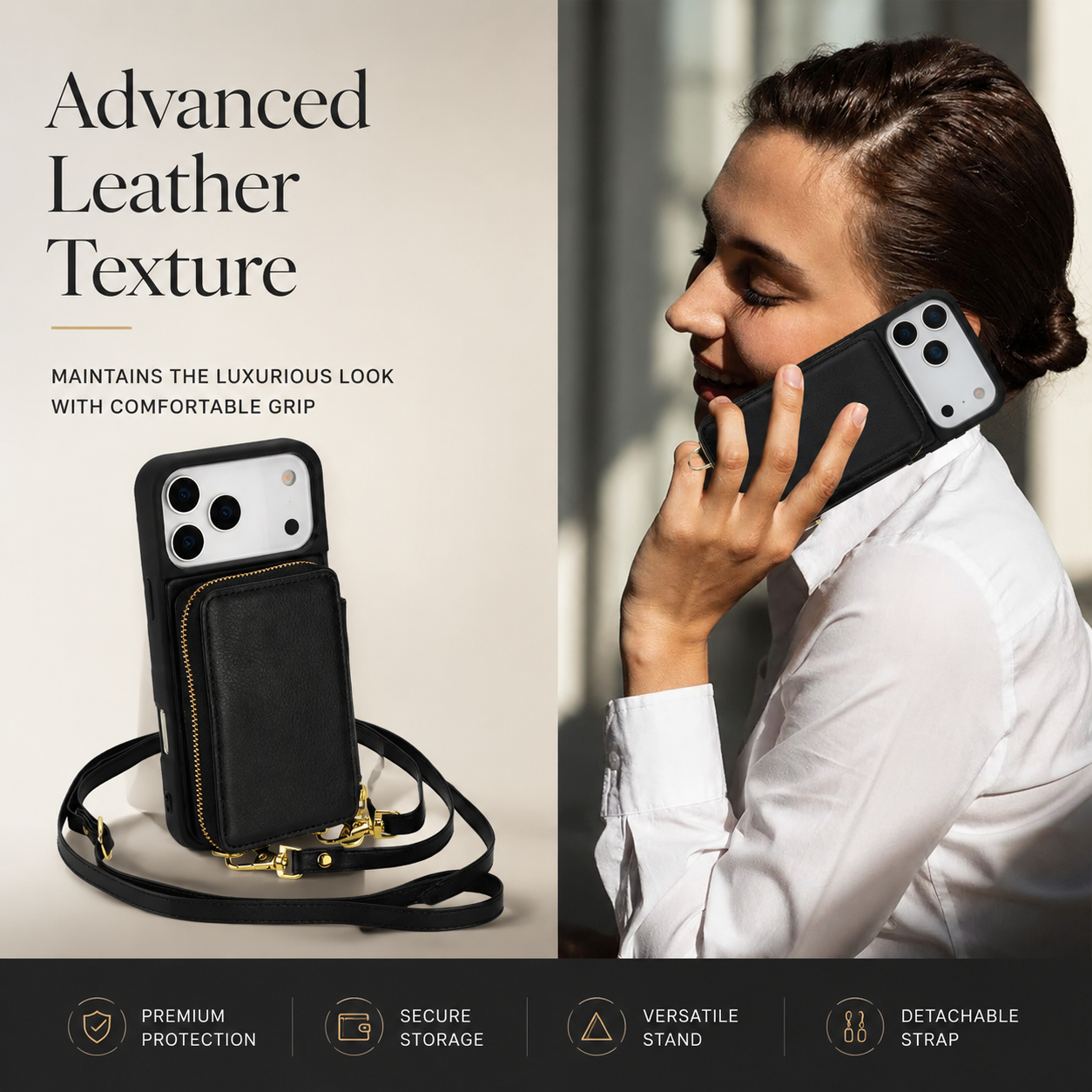 Premium iPhone Case Crossbody Wallet Leather Flip Cover RFID Card Holder Zipper Storage Shoulder Strap Shockproof Protective Full Coverage Design