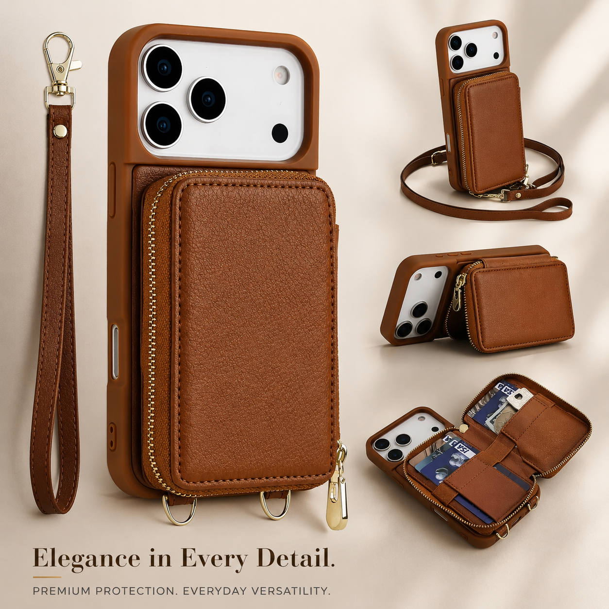 Premium iPhone Case Crossbody Wallet Leather Flip Cover RFID Card Holder Zipper Storage Shoulder Strap Shockproof Protective Full Coverage Design