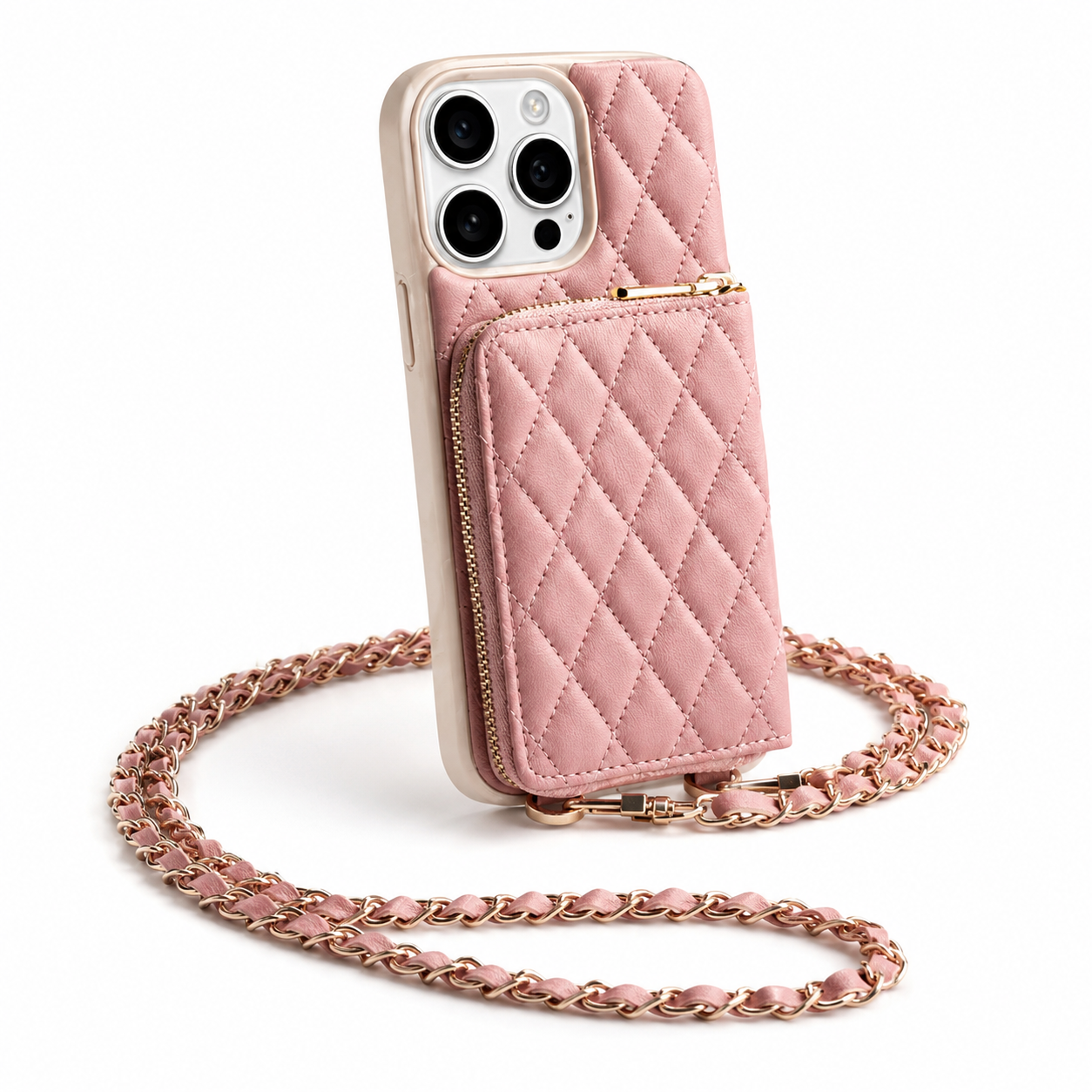Premium iPhone Case Crossbody Wallet Leather Protective Cover Card Holder Chain Strap Shockproof Non Slip Portable Diamond Stitch Full Coverage Design