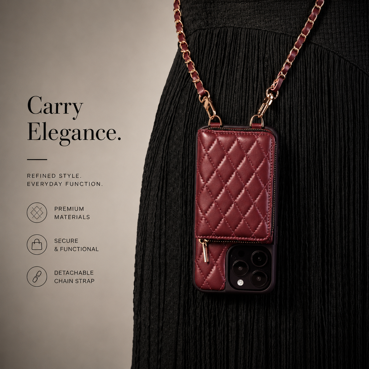 Premium iPhone Case Crossbody Wallet Leather Protective Cover Card Holder Chain Strap Shockproof Non Slip Portable Diamond Stitch Full Coverage Design