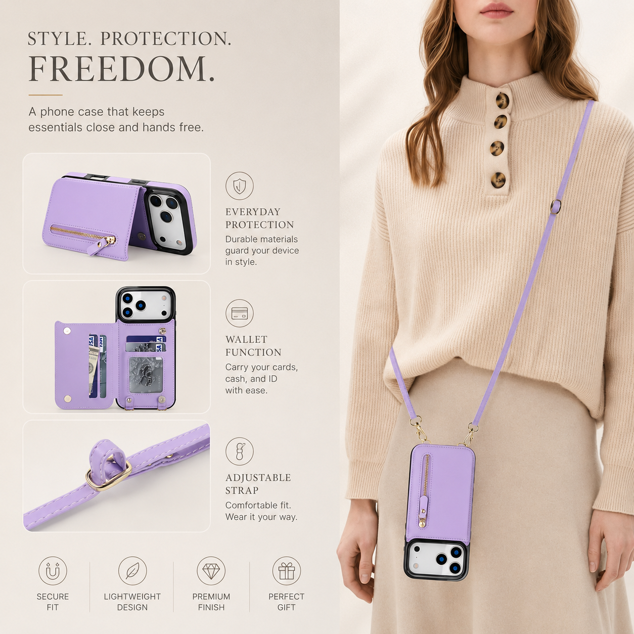 Premium iPhone Case Crossbody Wallet Leather Protective Cover RFID Card Holder Zipper Pocket Lanyard Strap Shockproof Anti Fingerprint Non Slip Full Coverage Design