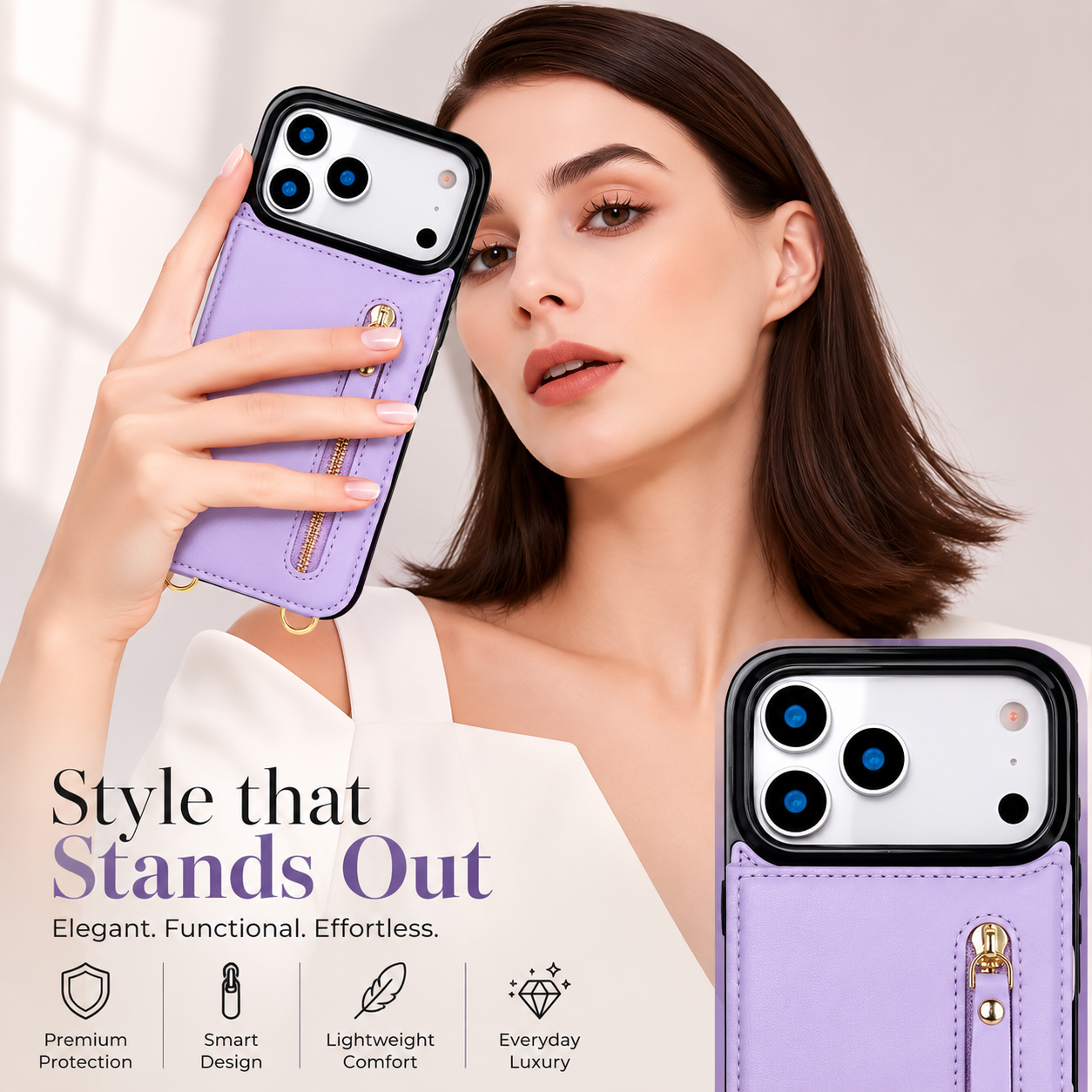 Premium iPhone Case Crossbody Wallet Leather Protective Cover RFID Card Holder Zipper Pocket Lanyard Strap Shockproof Anti Fingerprint Non Slip Full Coverage Design