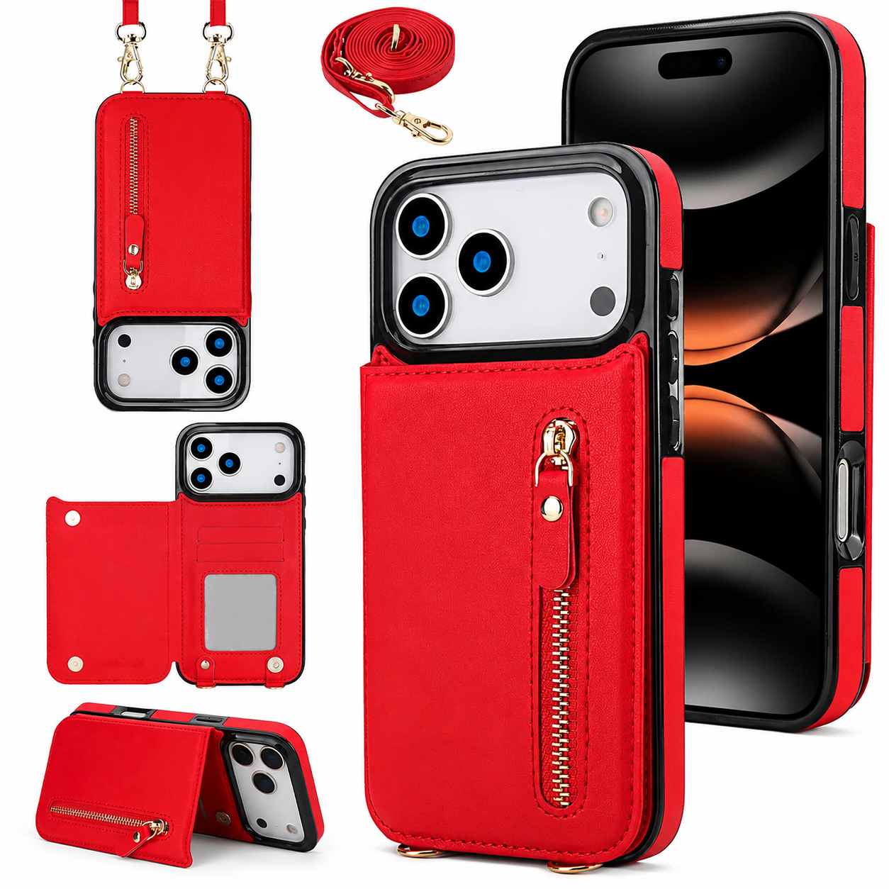 Premium iPhone Case Crossbody Wallet Leather Protective Cover RFID Card Holder Zipper Pocket Lanyard Strap Shockproof Anti Fingerprint Non Slip Full Coverage Design