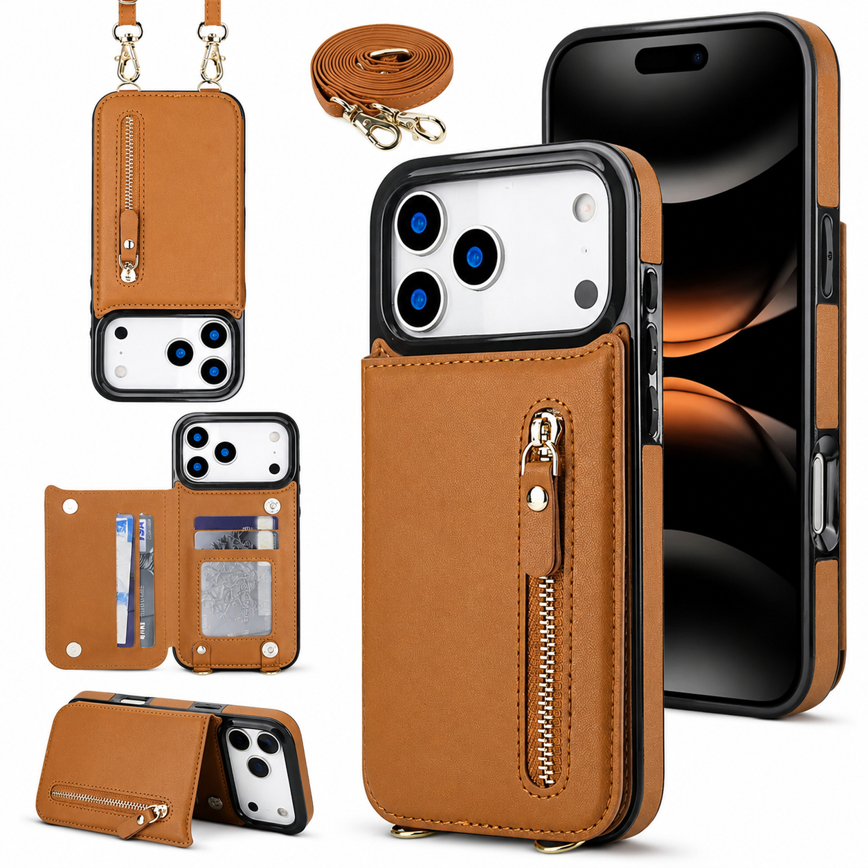 Premium iPhone Case Crossbody Wallet Leather Protective Cover RFID Card Holder Zipper Pocket Lanyard Strap Shockproof Anti Fingerprint Non Slip Full Coverage Design