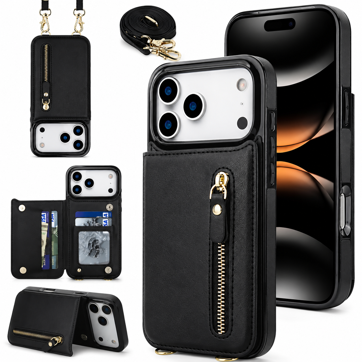 Premium iPhone Case Crossbody Wallet Leather Protective Cover RFID Card Holder Zipper Pocket Lanyard Strap Shockproof Anti Fingerprint Non Slip Full Coverage Design