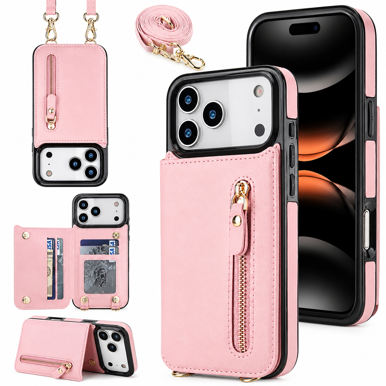 Premium iPhone Case Crossbody Wallet Leather Protective Cover RFID Card Holder Zipper Pocket Lanyard Strap Shockproof Anti Fingerprint Non Slip Full Coverage Design