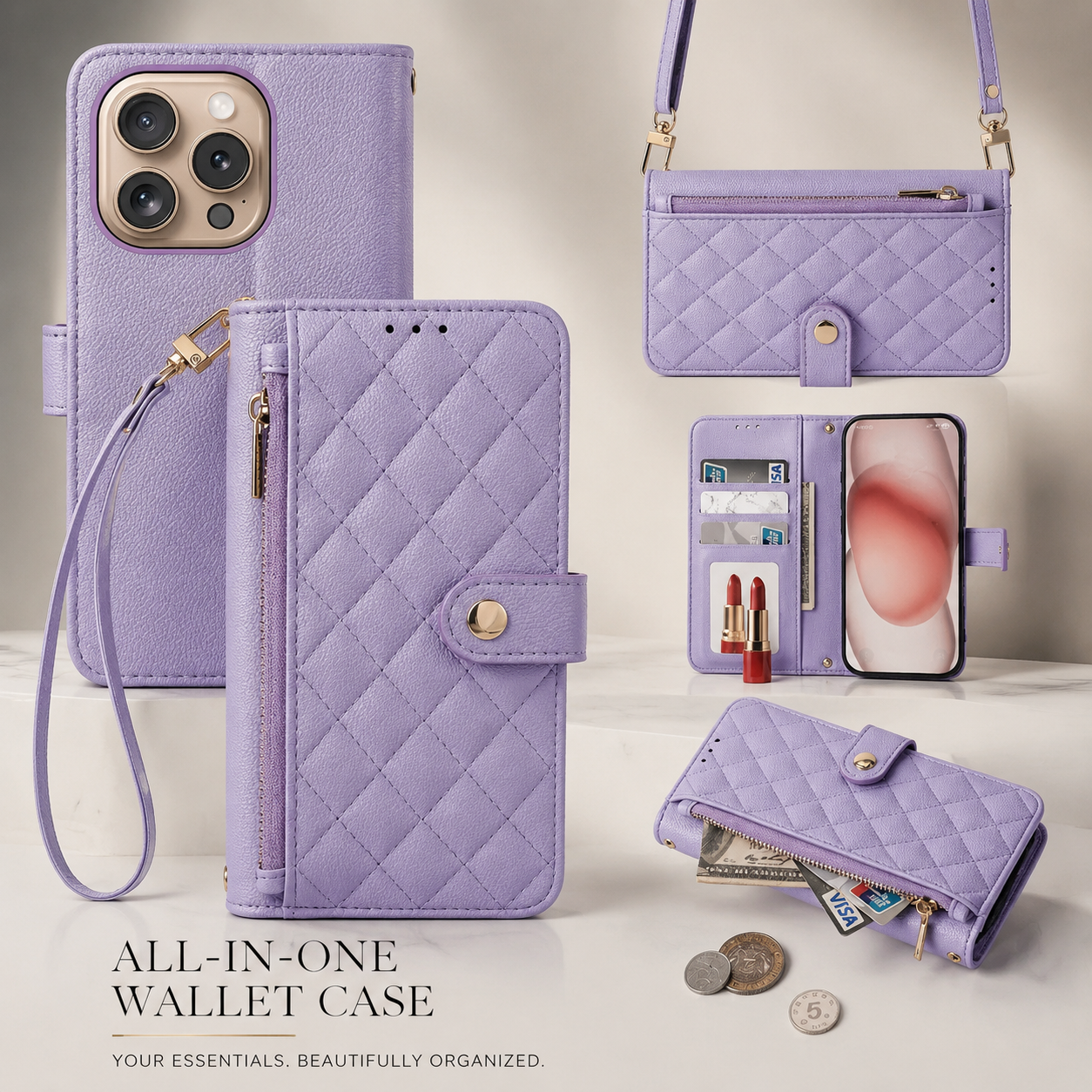 Premium iPhone Case Crossbody Wallet PU Leather Cover Card Holder Lanyard Strap Shockproof Anti Scratch Non Slip Full Coverage Slim Design