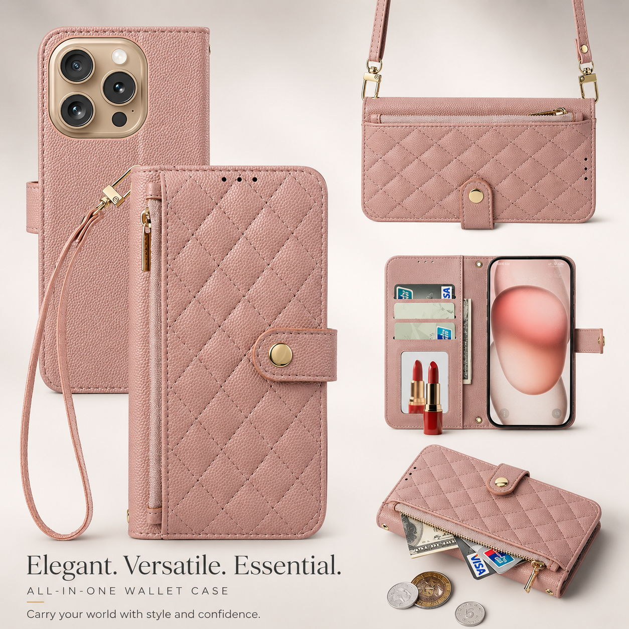 Premium iPhone Case Crossbody Wallet PU Leather Cover Card Holder Lanyard Strap Shockproof Anti Scratch Non Slip Full Coverage Slim Design
