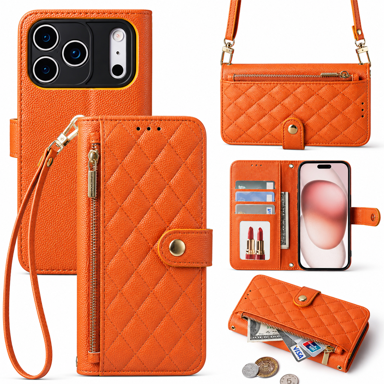 Premium iPhone Case Crossbody Wallet PU Leather Cover Card Holder Lanyard Strap Shockproof Anti Scratch Non Slip Full Coverage Slim Design