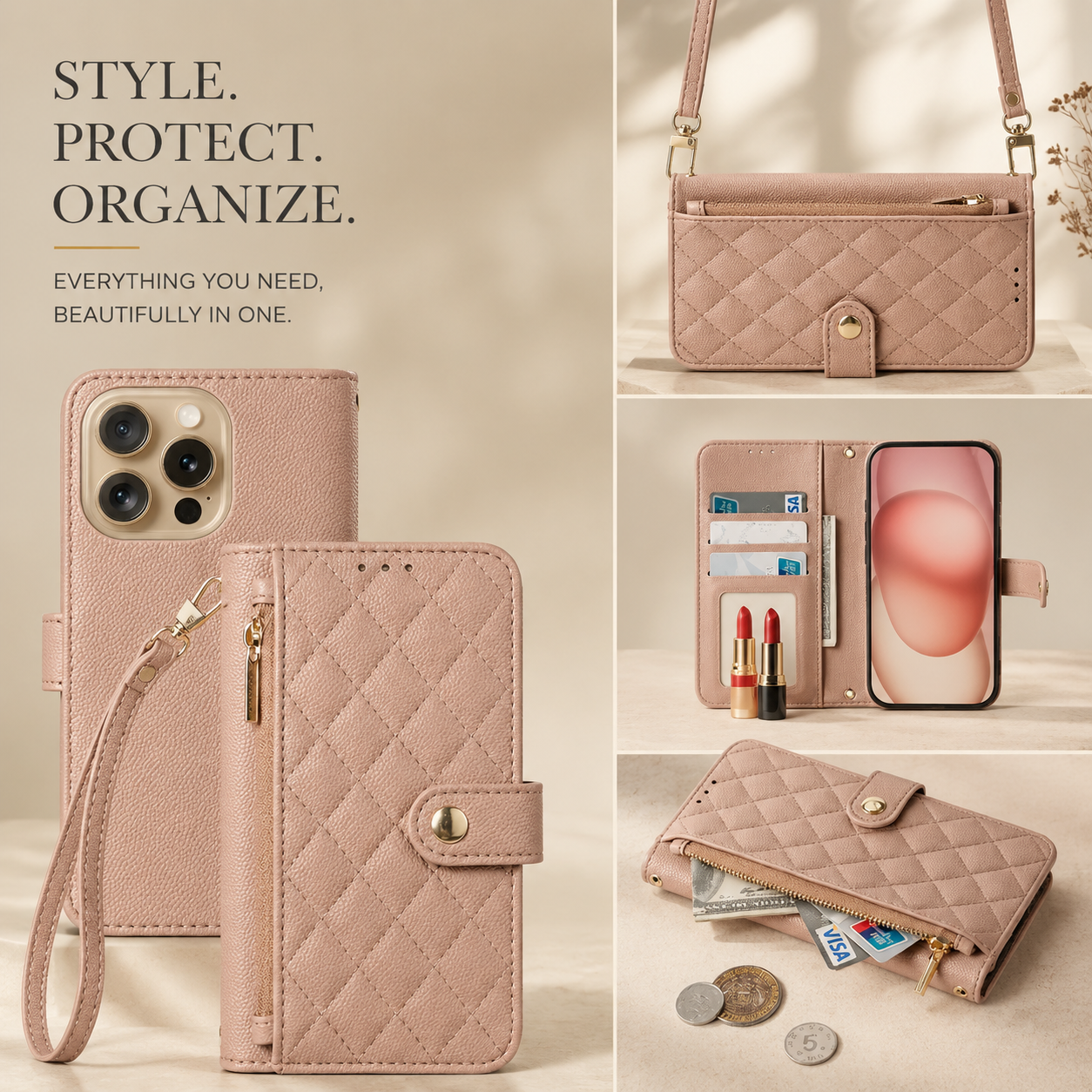 Premium iPhone Case Crossbody Wallet PU Leather Cover Card Holder Lanyard Strap Shockproof Anti Scratch Non Slip Full Coverage Slim Design