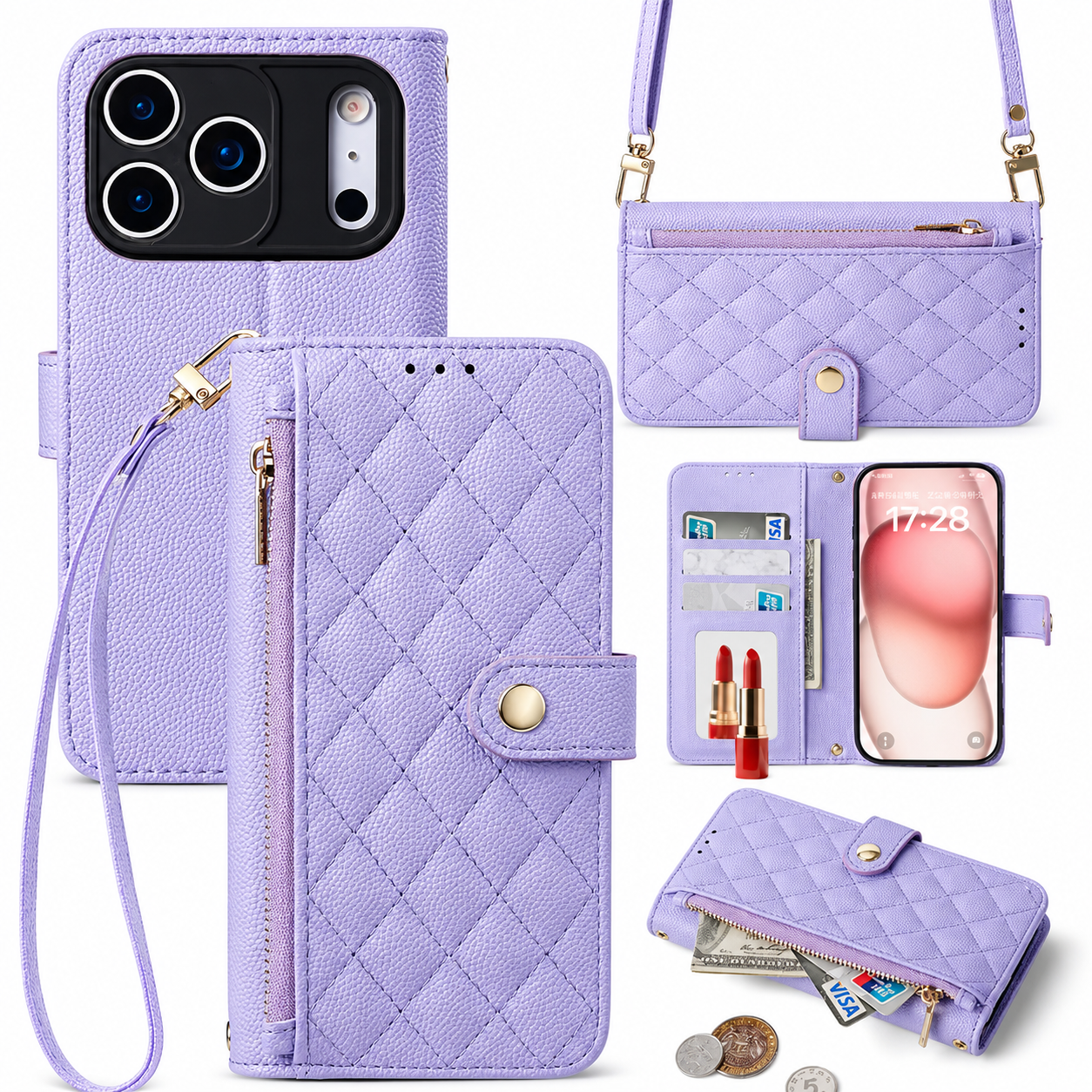 Premium iPhone Case Crossbody Wallet PU Leather Cover Card Holder Lanyard Strap Shockproof Anti Scratch Non Slip Full Coverage Slim Design