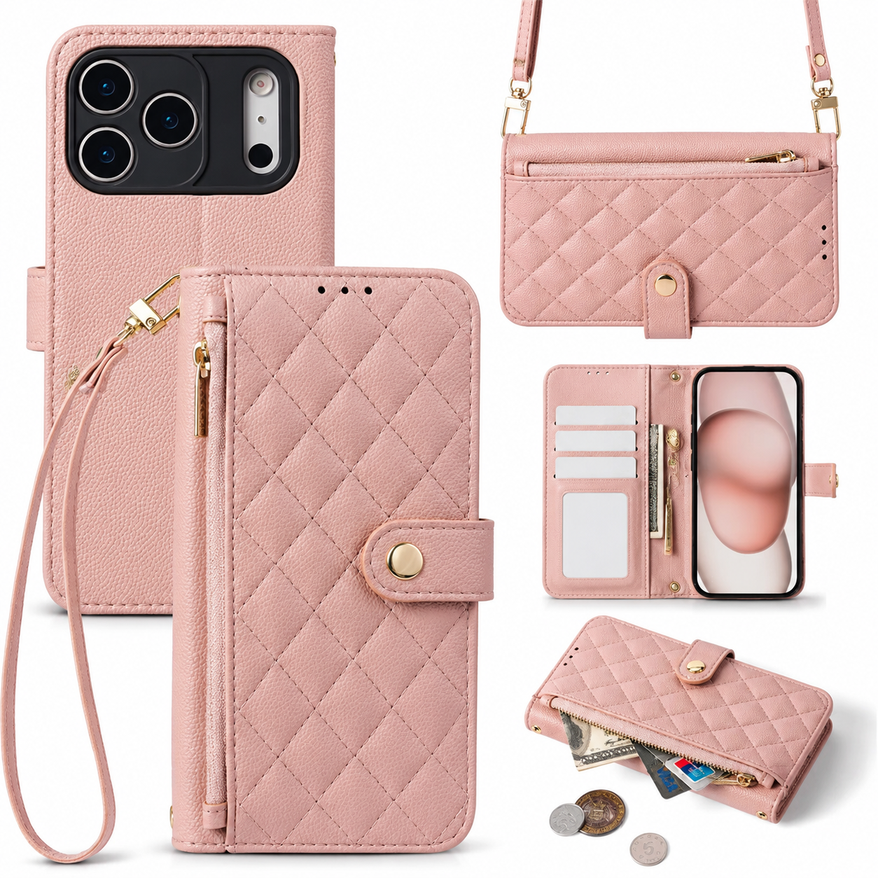 Premium iPhone Case Crossbody Wallet PU Leather Cover Card Holder Lanyard Strap Shockproof Anti Scratch Non Slip Full Coverage Slim Design