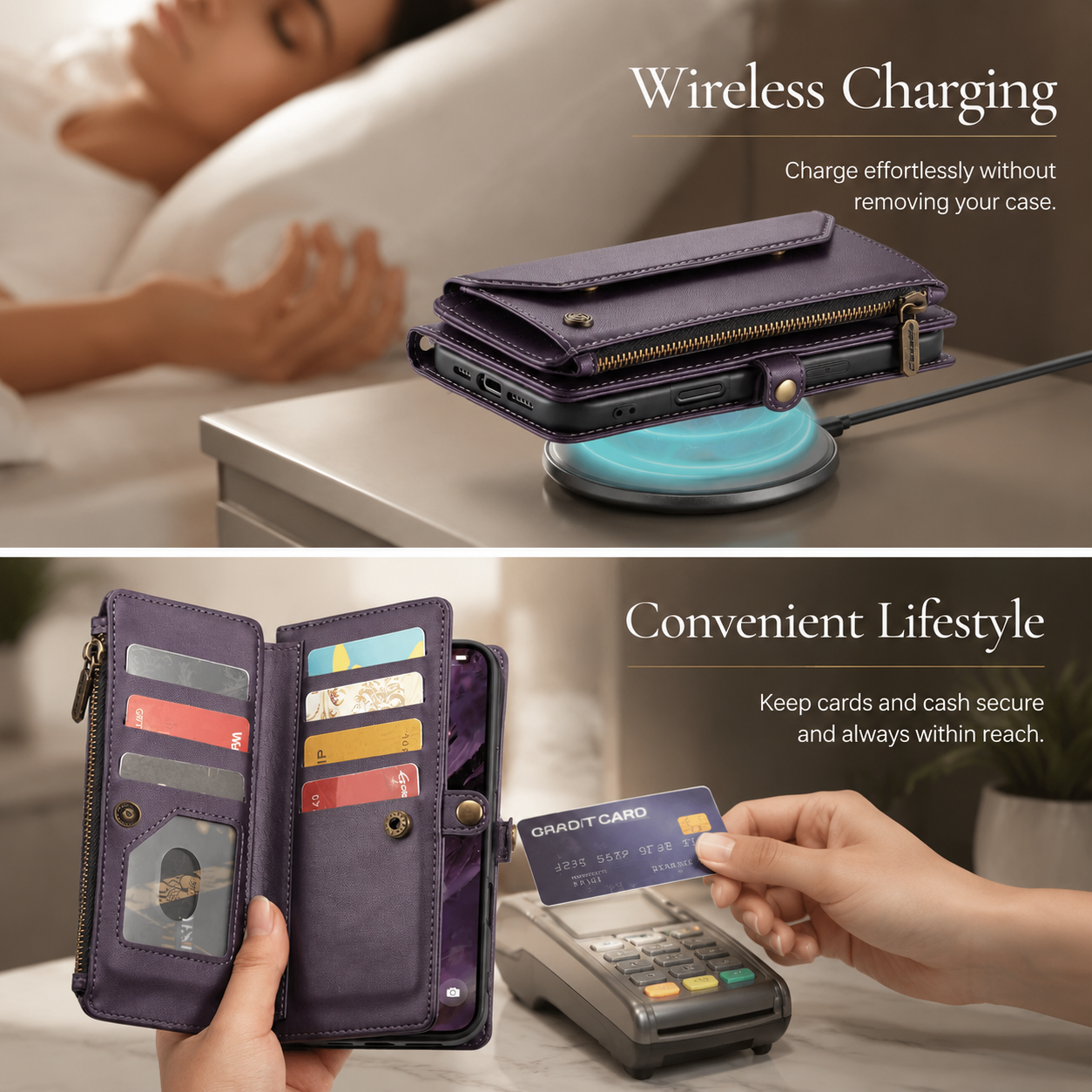Premium iPhone Case Crossbody Wallet PU Leather RFID Blocking Card Holder Wristlet Shoulder Strap Shockproof Full Coverage Slim Protective Design