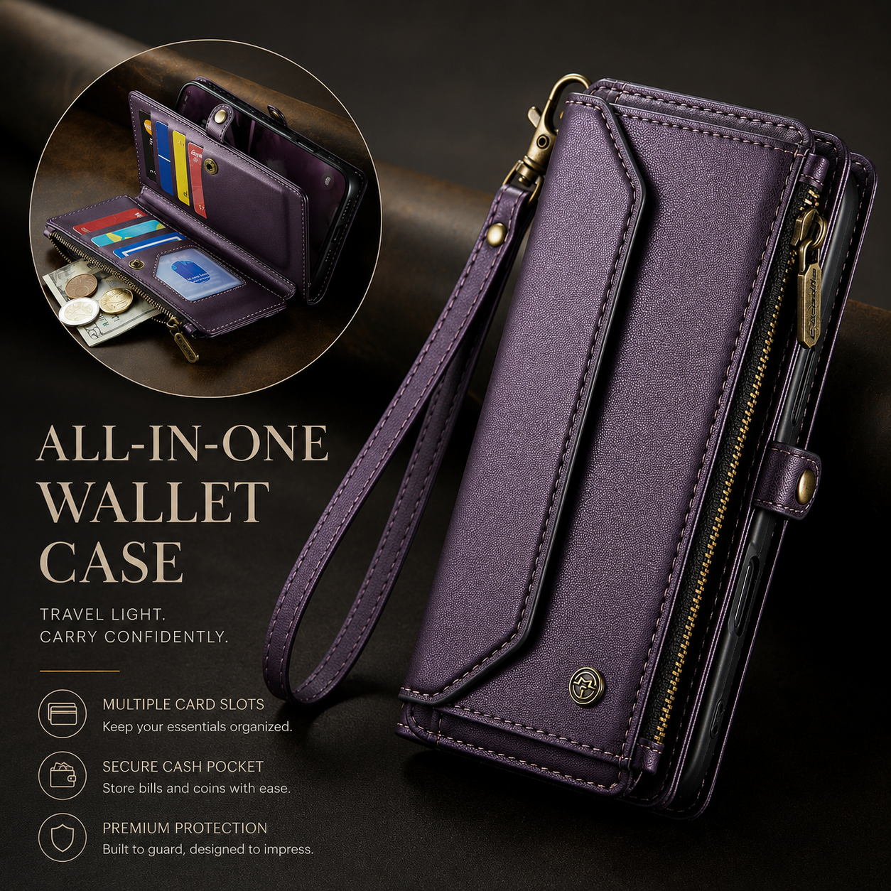 Premium iPhone Case Crossbody Wallet PU Leather RFID Blocking Card Holder Wristlet Shoulder Strap Shockproof Full Coverage Slim Protective Design