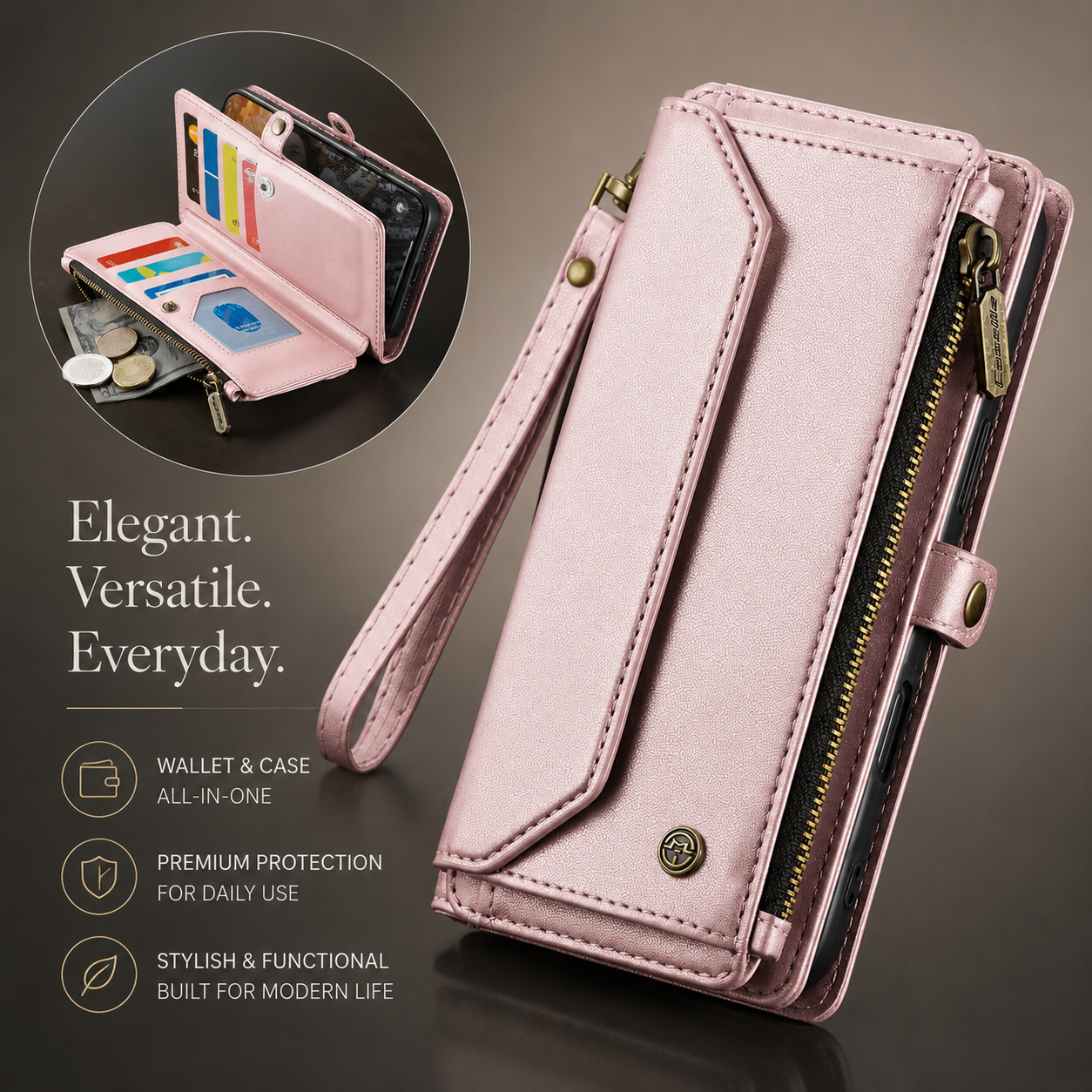 Premium iPhone Case Crossbody Wallet PU Leather RFID Blocking Card Holder Wristlet Shoulder Strap Shockproof Full Coverage Slim Protective Design
