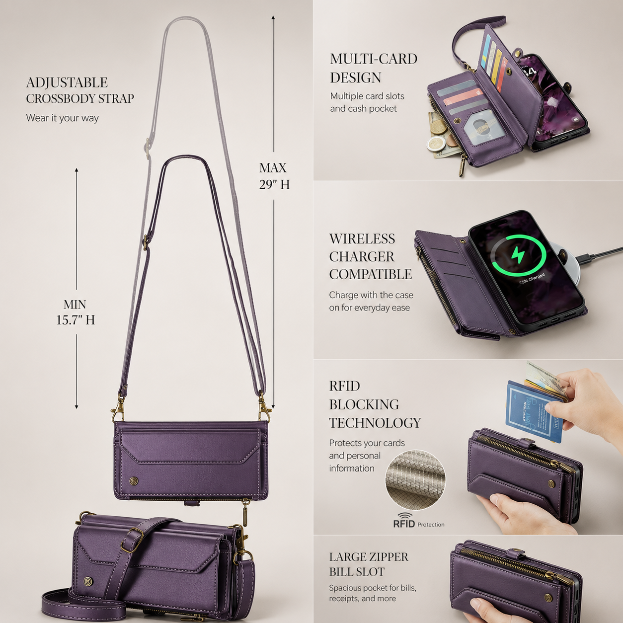 Premium iPhone Case Crossbody Wallet PU Leather RFID Blocking Card Holder Wristlet Shoulder Strap Shockproof Full Coverage Slim Protective Design