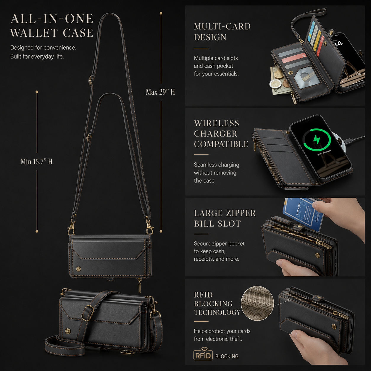 Premium iPhone Case Crossbody Wallet PU Leather RFID Blocking Card Holder Wristlet Shoulder Strap Shockproof Full Coverage Slim Protective Design