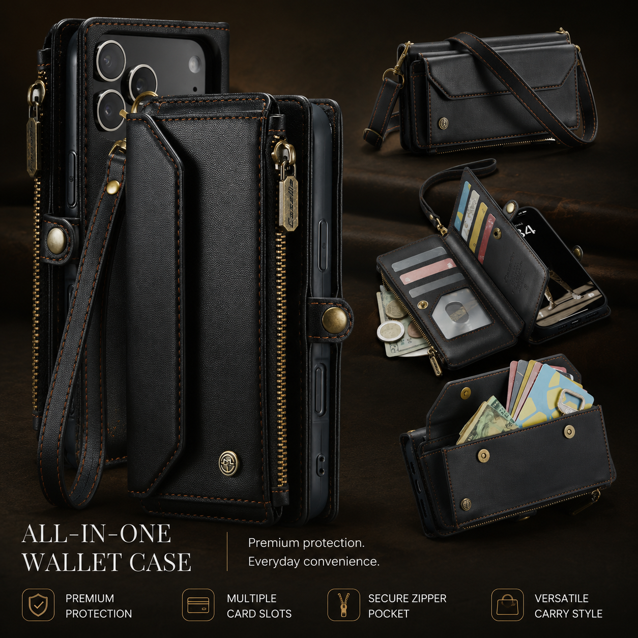 Premium iPhone Case Crossbody Wallet PU Leather RFID Blocking Card Holder Wristlet Shoulder Strap Shockproof Full Coverage Slim Protective Design