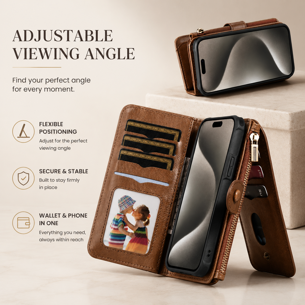 Premium iPhone Case Detachable Wallet Cover Zipper Card Holder PU Leather Shockproof Full Coverage Anti Fingerprint Non Slip Protective Design