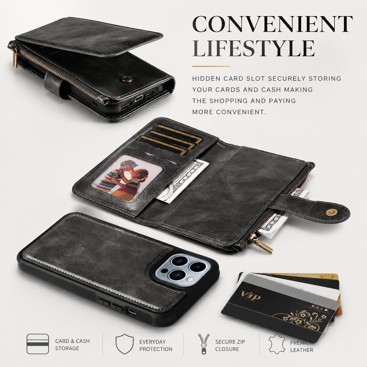 Premium iPhone Case Detachable Wallet Cover Zipper Card Holder PU Leather Shockproof Full Coverage Anti Fingerprint Non Slip Protective Design