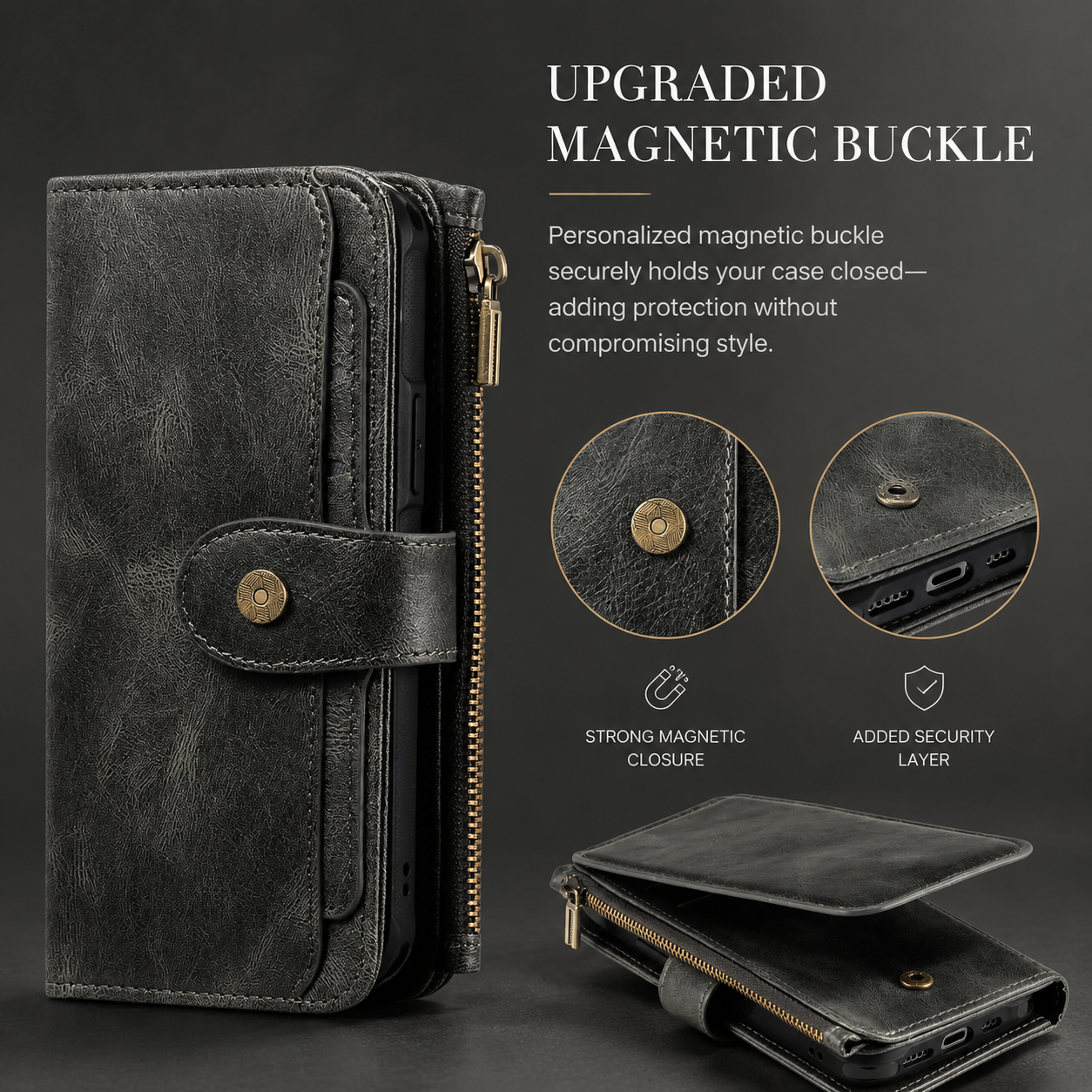 Premium iPhone Case Detachable Wallet Cover Zipper Card Holder PU Leather Shockproof Full Coverage Anti Fingerprint Non Slip Protective Design