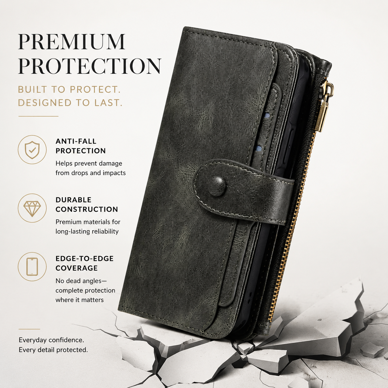 Premium iPhone Case Detachable Wallet Cover Zipper Card Holder PU Leather Shockproof Full Coverage Anti Fingerprint Non Slip Protective Design