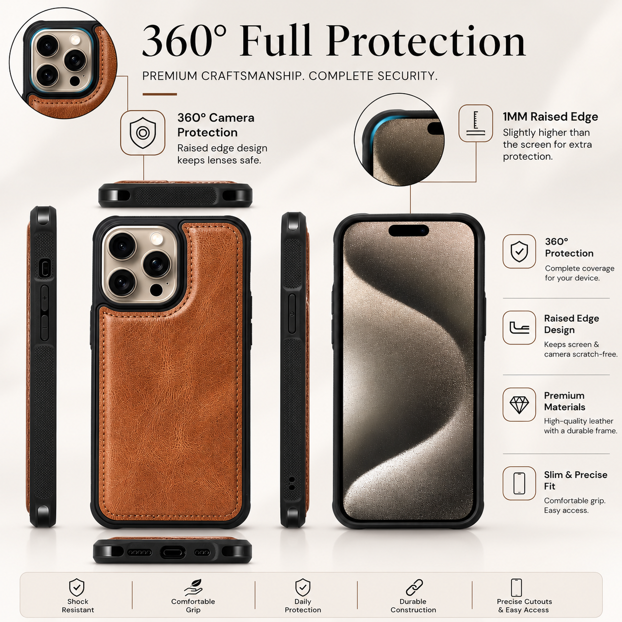Premium iPhone Case Detachable Wallet Cover Zipper Card Holder PU Leather Shockproof Full Coverage Anti Fingerprint Non Slip Protective Design