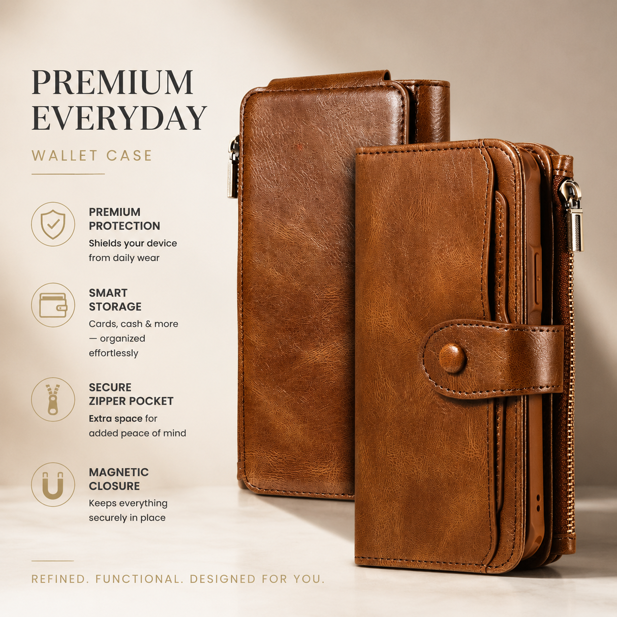 Premium iPhone Case Detachable Wallet Cover Zipper Card Holder PU Leather Shockproof Full Coverage Anti Fingerprint Non Slip Protective Design