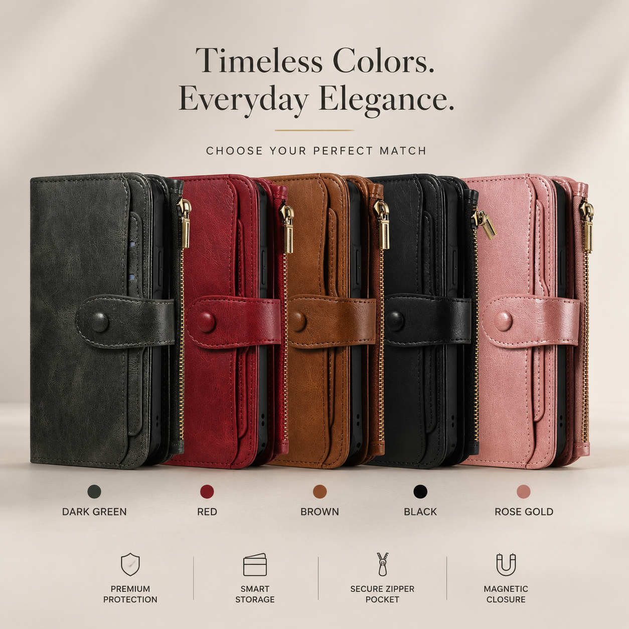 Premium iPhone Case Detachable Wallet Cover Zipper Card Holder PU Leather Shockproof Full Coverage Anti Fingerprint Non Slip Protective Design