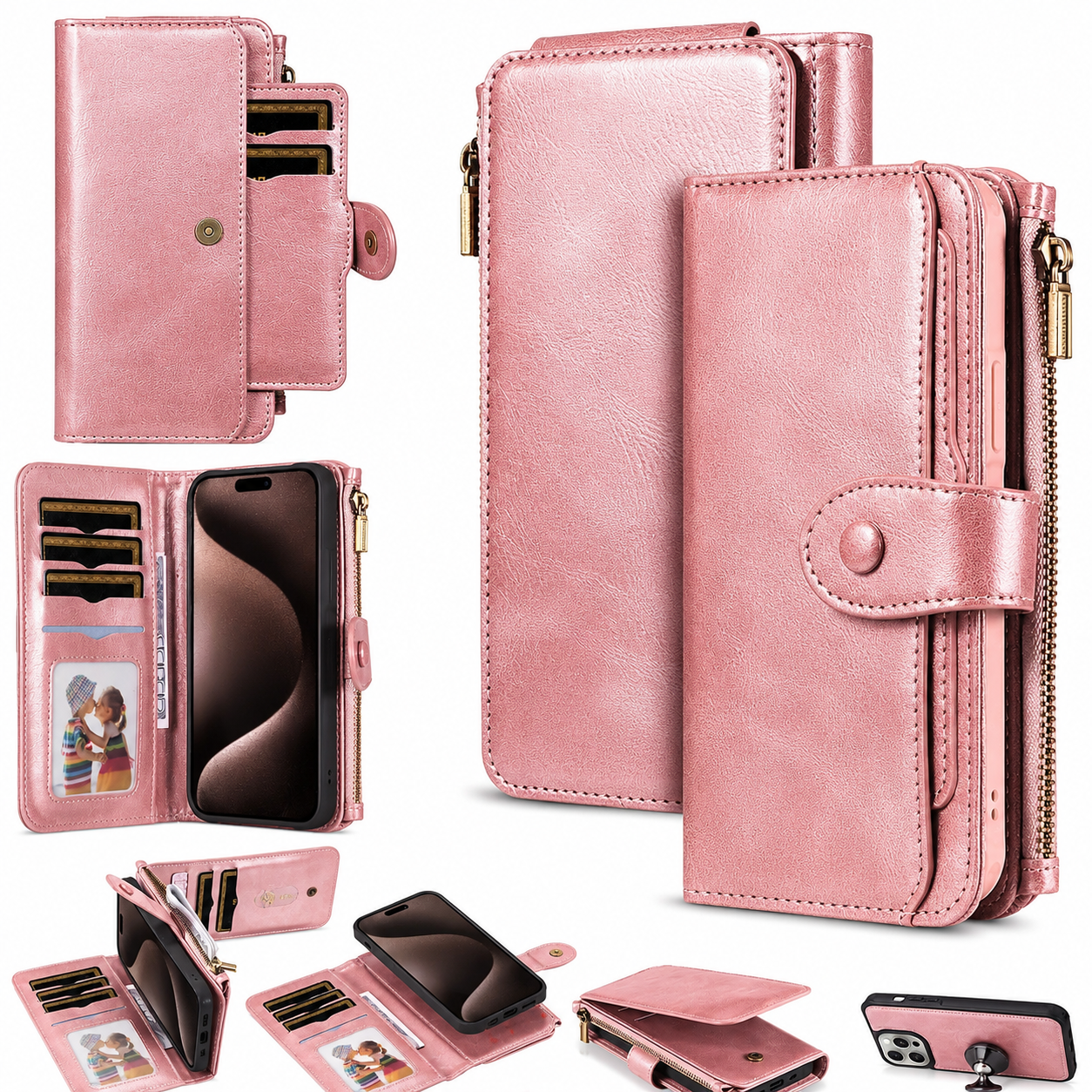 Premium iPhone Case Detachable Wallet Cover Zipper Card Holder PU Leather Shockproof Full Coverage Anti Fingerprint Non Slip Protective Design