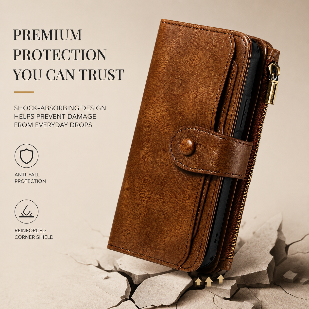Premium iPhone Case Detachable Wallet Cover Zipper Card Holder PU Leather Shockproof Full Coverage Anti Fingerprint Non Slip Protective Design