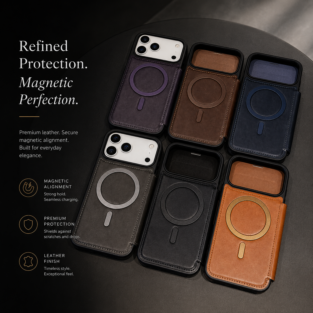 Premium iPhone Case Flip Leather Wallet Cover Magnetic Charging Compatible Card Holder Shockproof Slim Business Design Full Coverage Protection