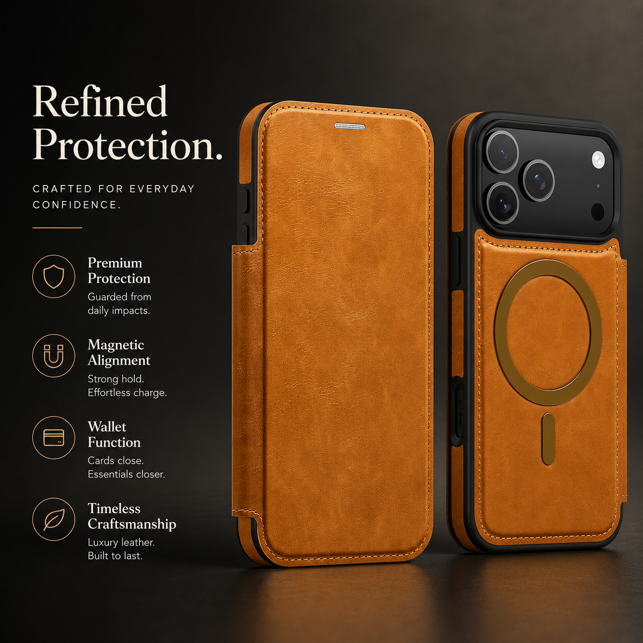 Premium iPhone Case Flip Leather Wallet Cover Magnetic Charging Compatible Card Holder Shockproof Slim Business Design Full Coverage Protection