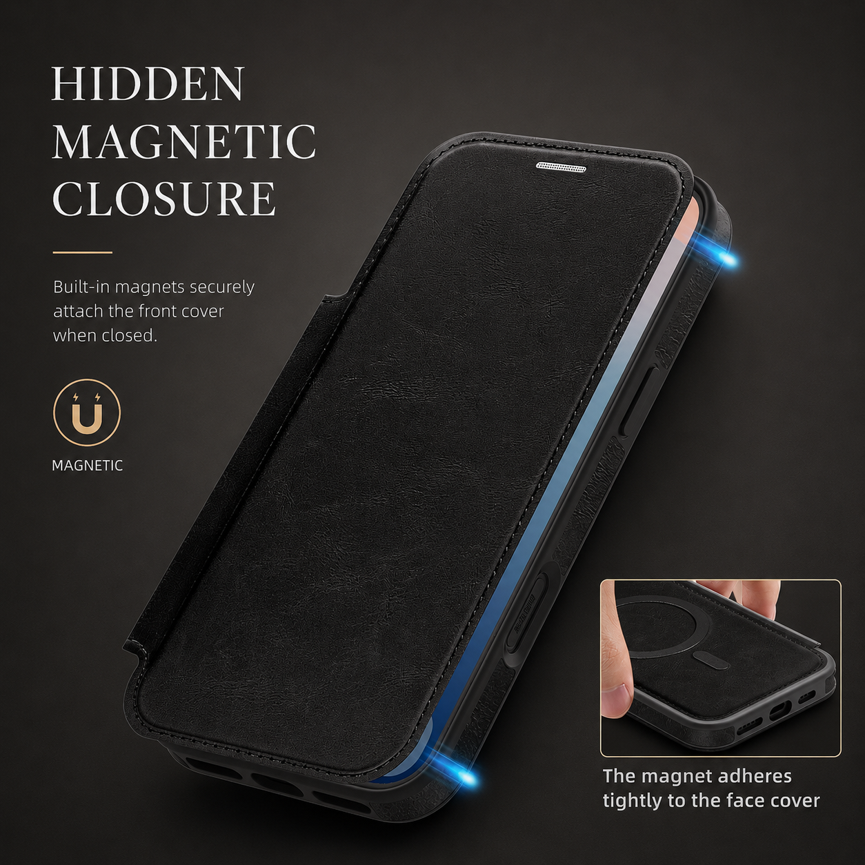 Premium iPhone Case Flip Leather Wallet Cover Magnetic Charging Compatible Card Holder Shockproof Slim Business Design Full Coverage Protection