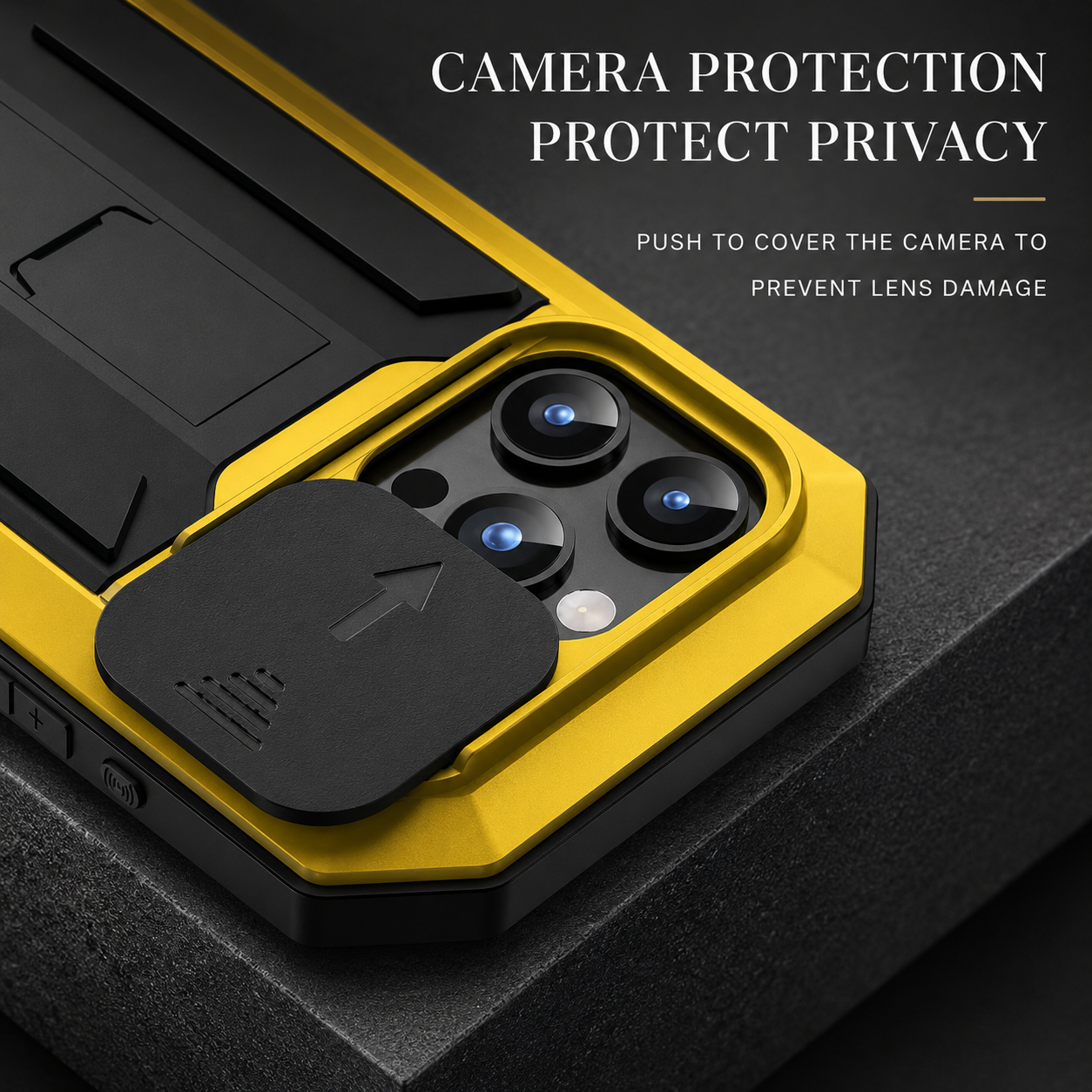 Premium iPhone Case Full Body Aluminum Metal Protective Cover Tempered Glass Screen Camera Lens Slider Shockproof Dual Layer Kickstand Design
