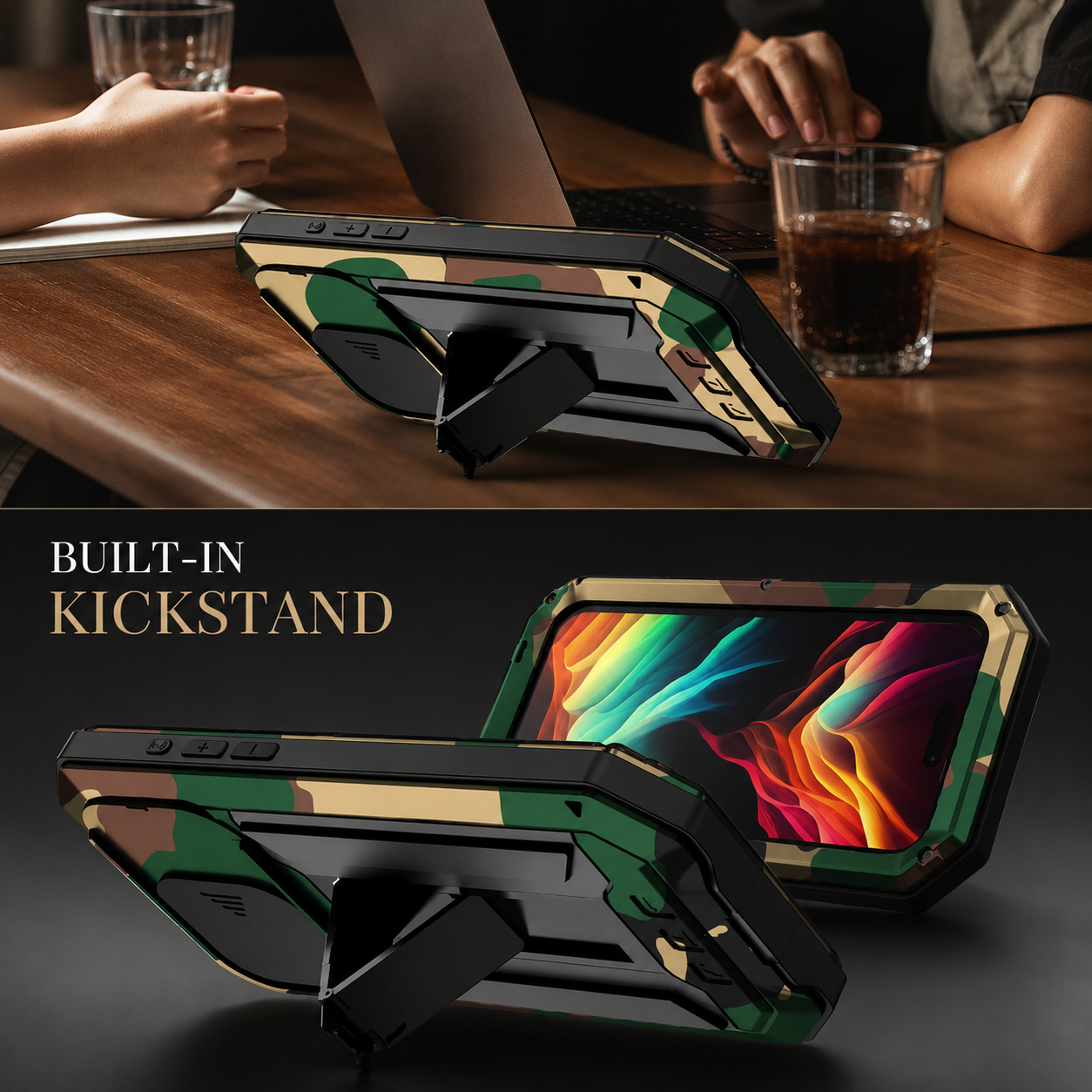 Premium iPhone Case Full Body Aluminum Metal Protective Cover Tempered Glass Screen Camera Lens Slider Shockproof Dual Layer Kickstand Design