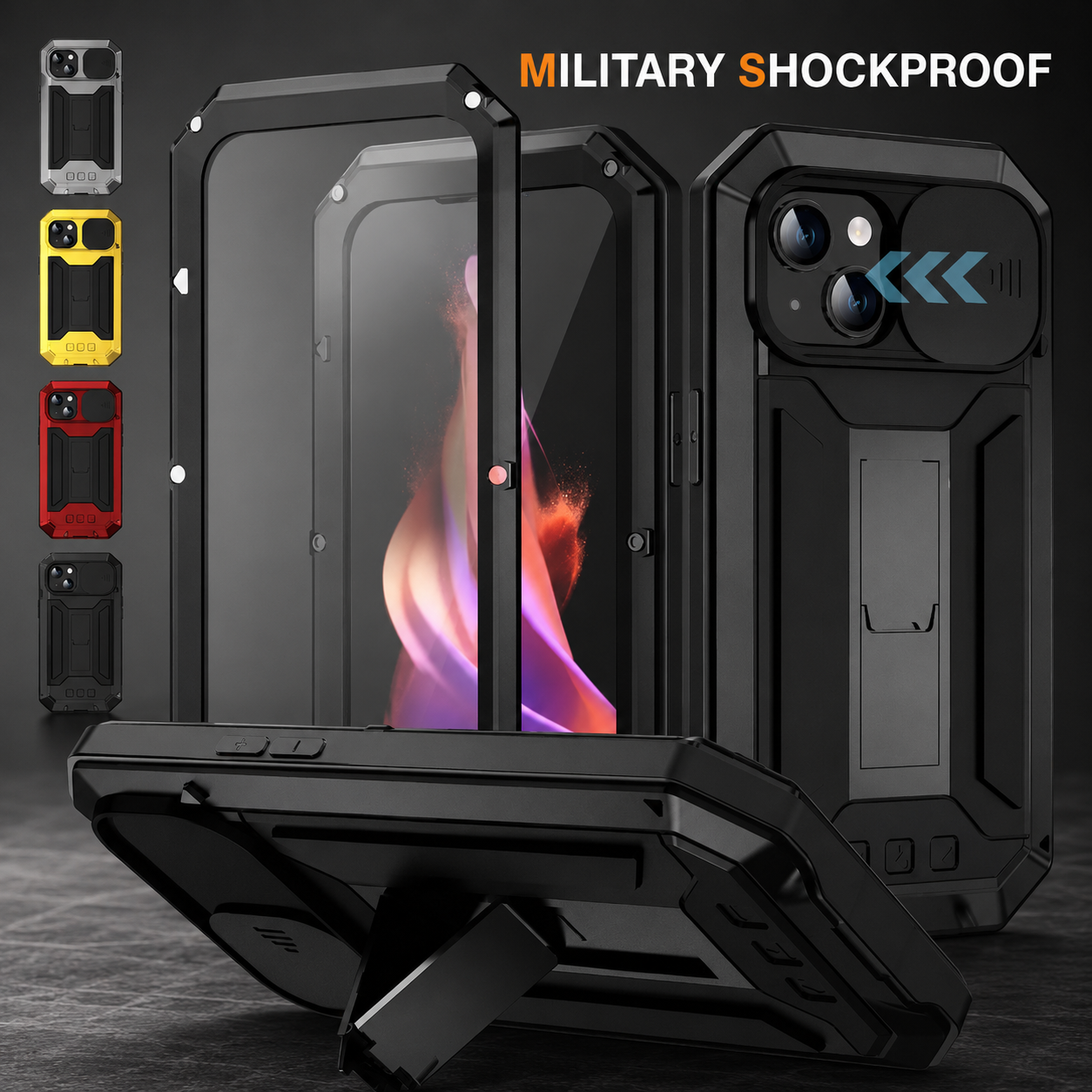 Premium iPhone Case Full Body Aluminum Metal Protective Cover Tempered Glass Screen Camera Lens Slider Shockproof Dual Layer Kickstand Design