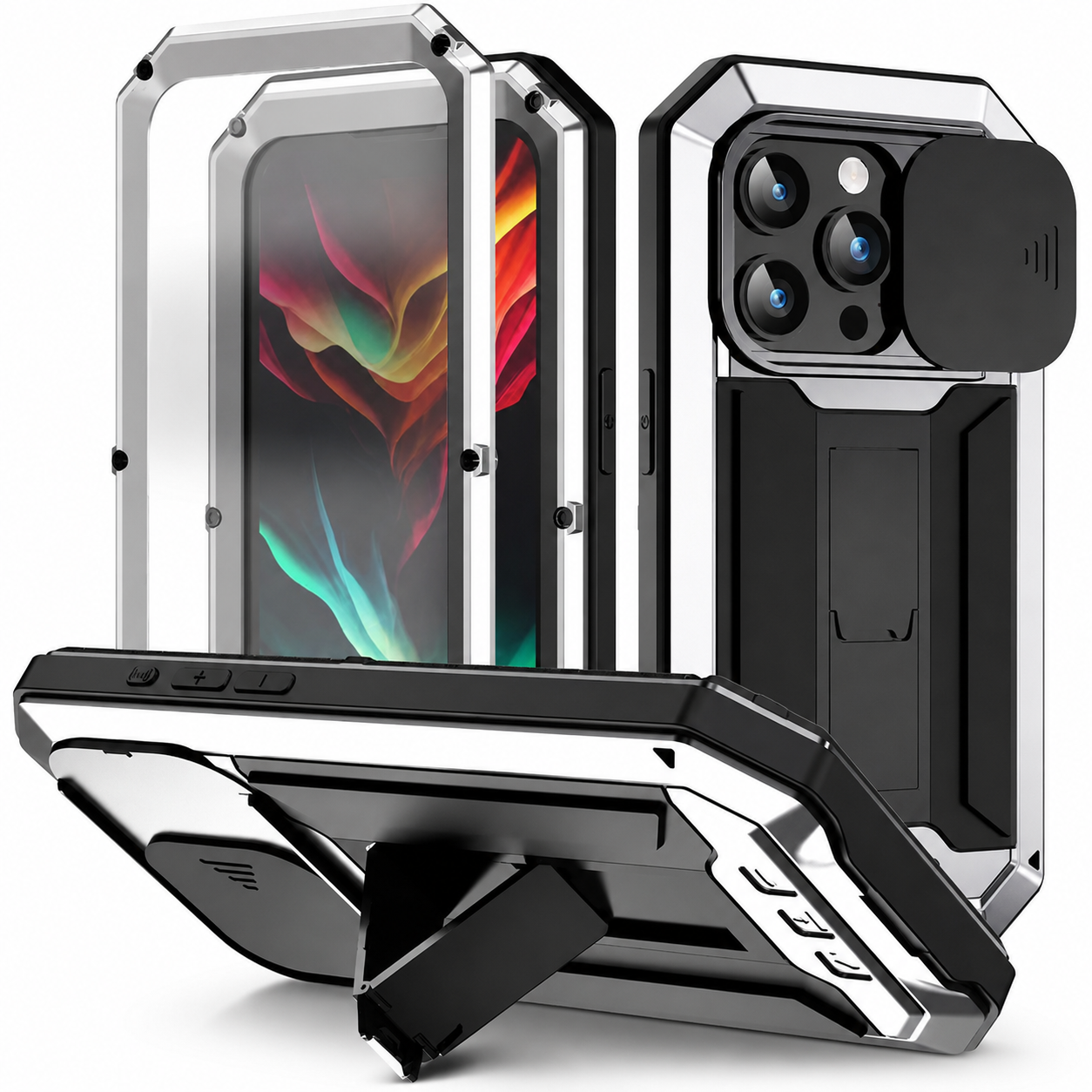 Premium iPhone Case Full Body Aluminum Metal Protective Cover Tempered Glass Screen Camera Lens Slider Shockproof Dual Layer Kickstand Design