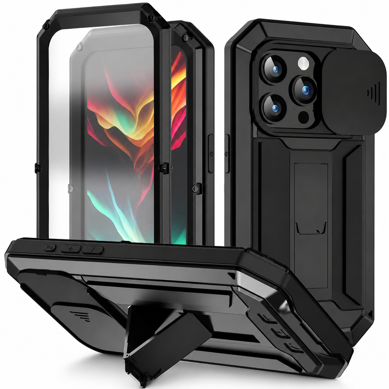 Premium iPhone Case Full Body Aluminum Metal Protective Cover Tempered Glass Screen Camera Lens Slider Shockproof Dual Layer Kickstand Design