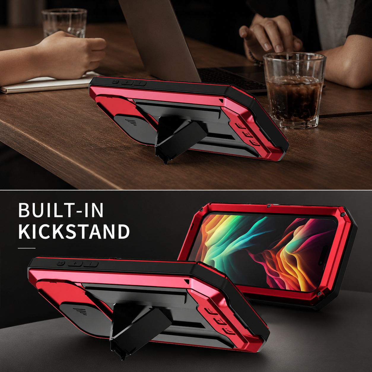 Premium iPhone Case Full Body Aluminum Metal Protective Cover Tempered Glass Screen Camera Lens Slider Shockproof Dual Layer Kickstand Design