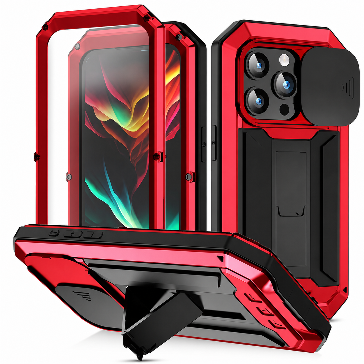 Premium iPhone Case Full Body Aluminum Metal Protective Cover Tempered Glass Screen Camera Lens Slider Shockproof Dual Layer Kickstand Design