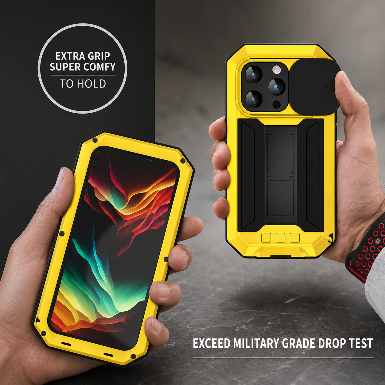 Premium iPhone Case Full Body Aluminum Metal Protective Cover Tempered Glass Screen Camera Lens Slider Shockproof Dual Layer Kickstand Design