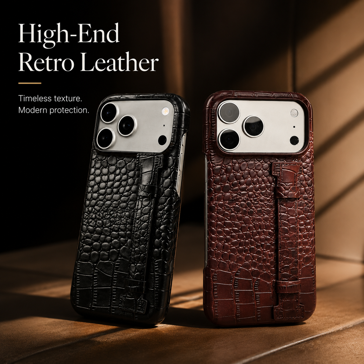 Premium iPhone Case Genuine Leather Crocodile Pattern Kickstand Wrist Strap Shockproof Protective Cover Slim Wallet Style Full Coverage Design