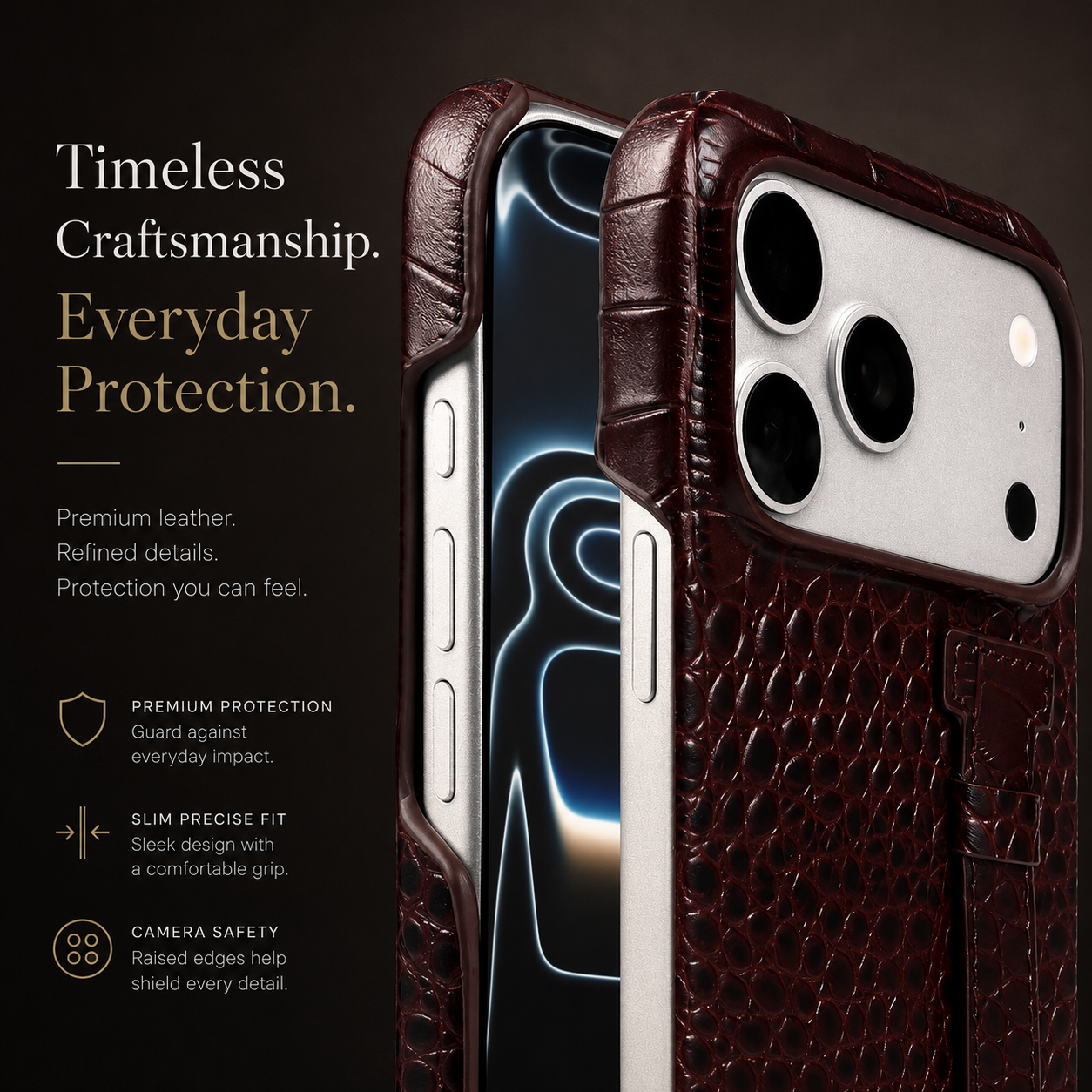 Premium iPhone Case Genuine Leather Crocodile Pattern Kickstand Wrist Strap Shockproof Protective Cover Slim Wallet Style Full Coverage Design