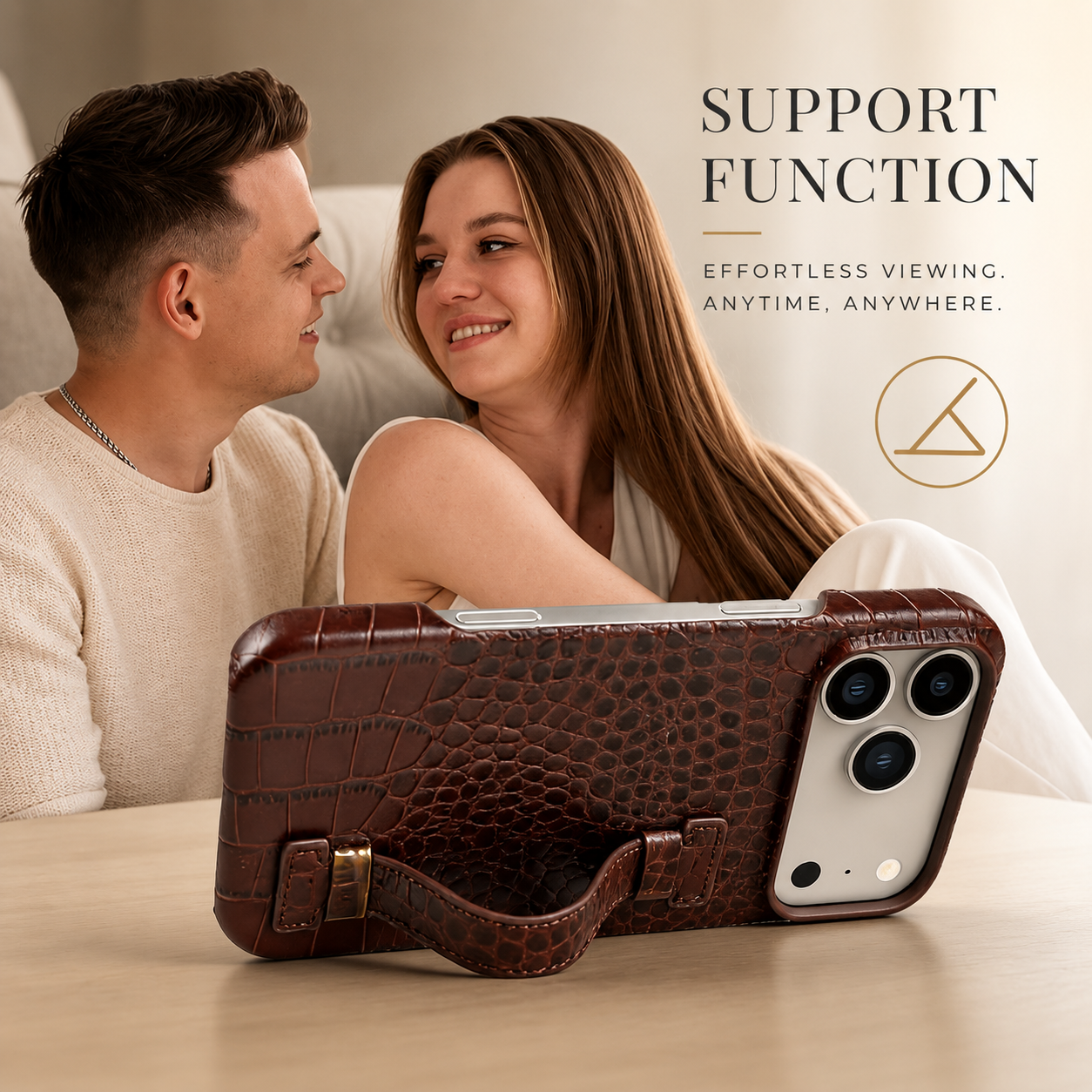 Premium iPhone Case Genuine Leather Crocodile Pattern Kickstand Wrist Strap Shockproof Protective Cover Slim Wallet Style Full Coverage Design