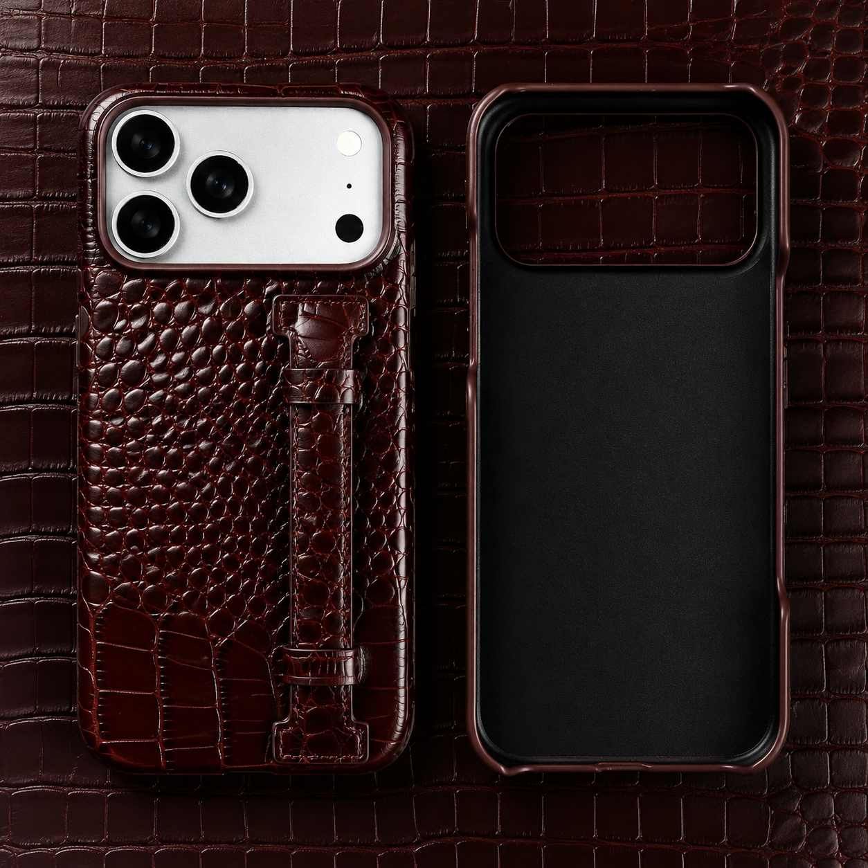 Premium iPhone Case Genuine Leather Crocodile Pattern Kickstand Wrist Strap Shockproof Protective Cover Slim Wallet Style Full Coverage Design