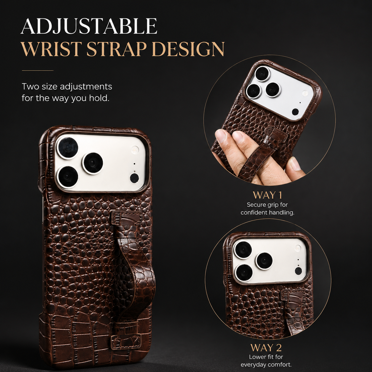 Premium iPhone Case Genuine Leather Crocodile Pattern Kickstand Wrist Strap Shockproof Protective Cover Slim Wallet Style Full Coverage Design